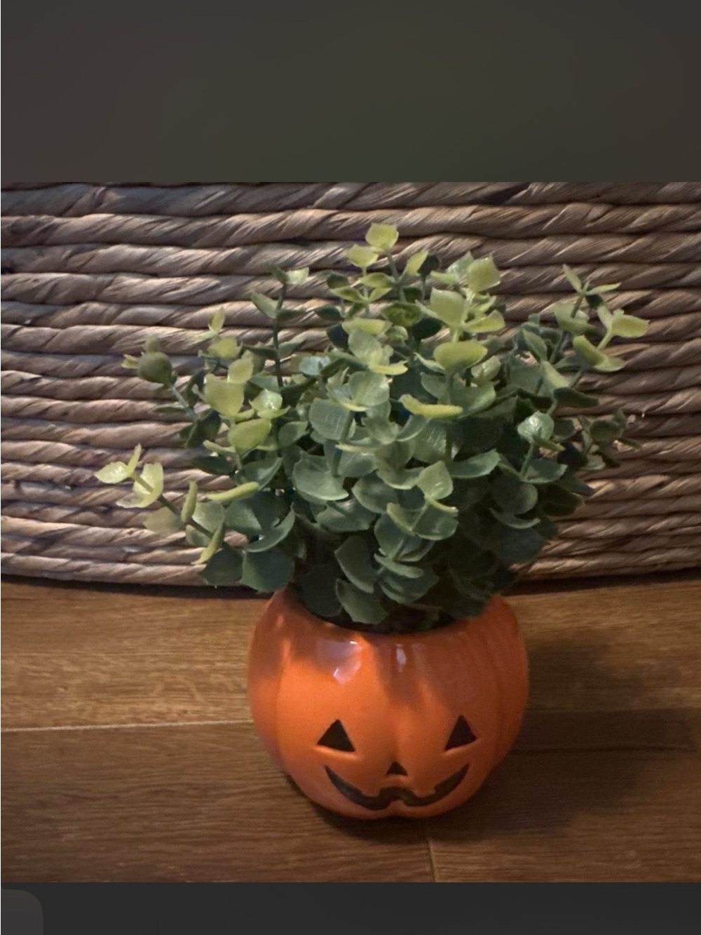 Orange Ceramic Jack-O'-Lantern Planter with Green Faux Eucalyptus